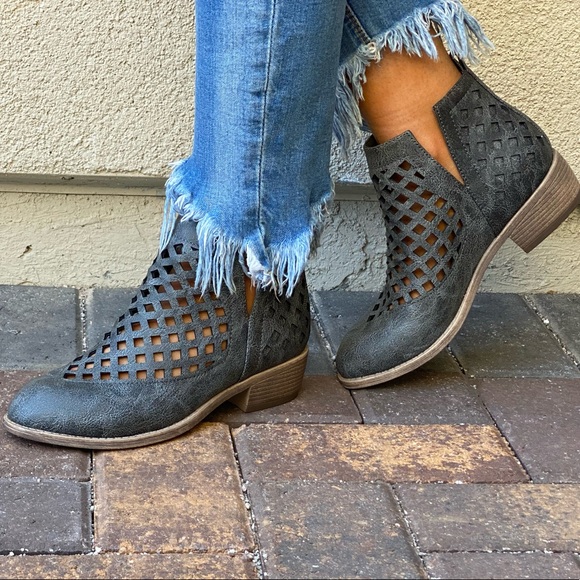Charcoal V Split Perforated Caged Ankle Booties - Picture 7 of 15